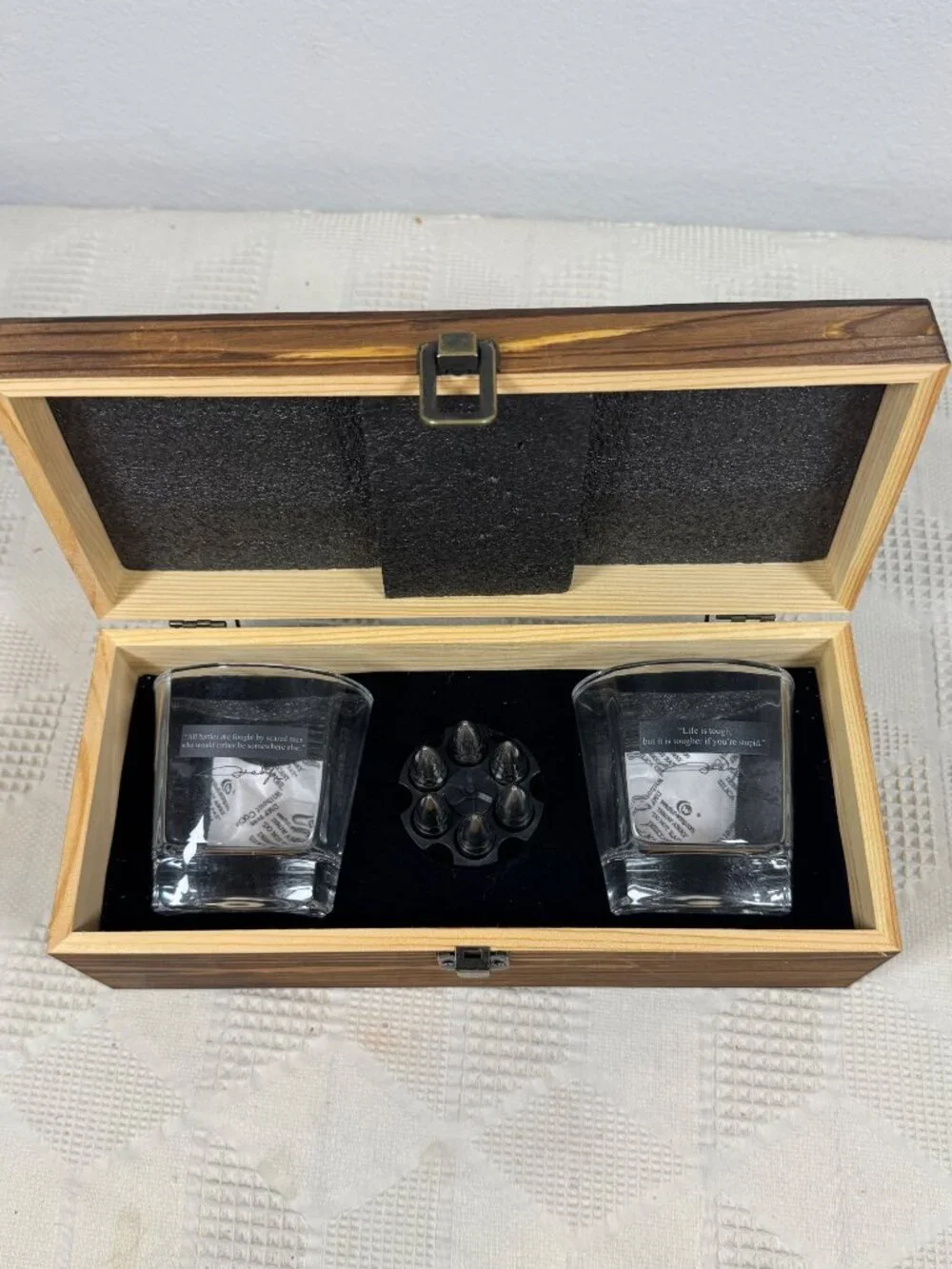 Whiskey Glass Gift Set w Bullet Shaped Chillers & John Wayne Quotes In Wood Box